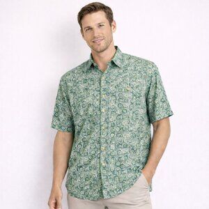 Thums Up Mens Camp Shirt Green Geometric Print Short Sleeve Rayon Size L